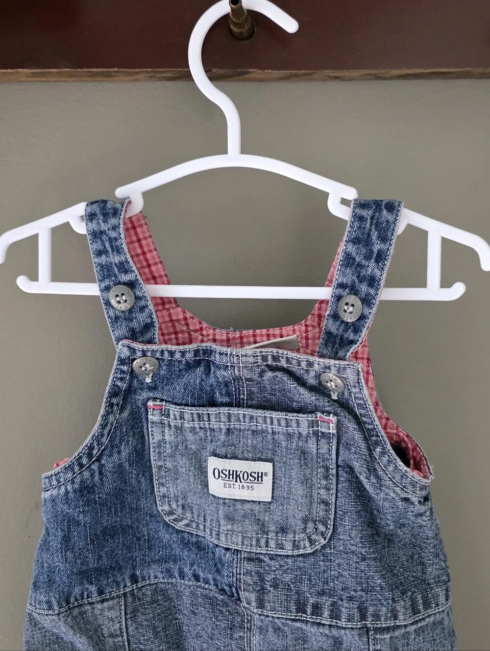 Oshkosh Denim Red Plaid Overall Dress Baby Girl Size 6-9m